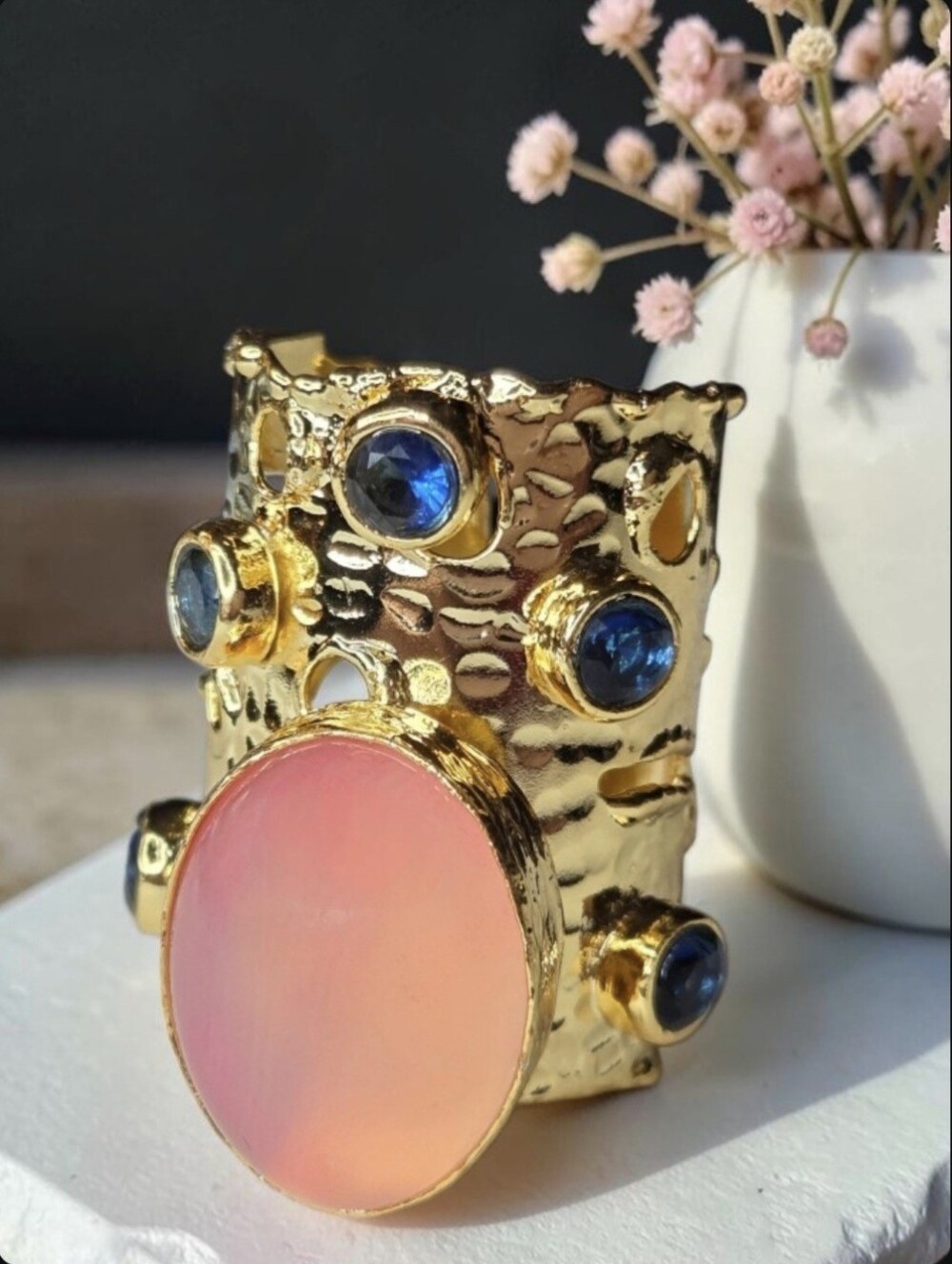 18k Gold Plated Artisan Wide Band Pink Opal Sapphire Quartz Crystal Ring